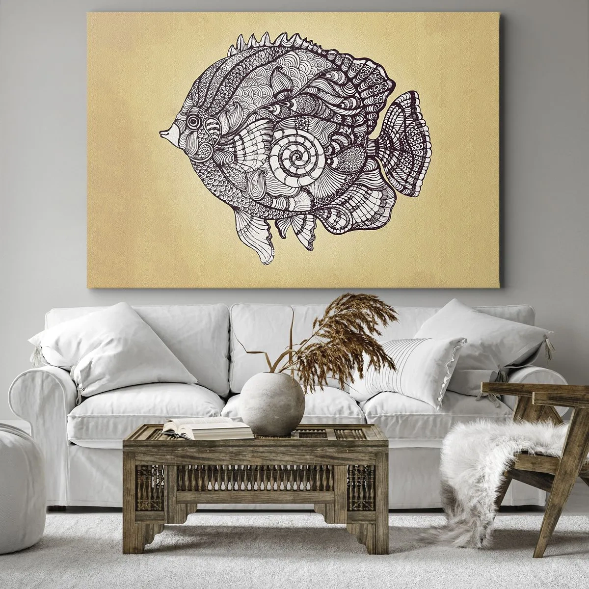 Quadro em tela - Peixe decorativo em estilo de desenho com padrões - 70x50cm - De um oceano de enfeites - Decoração de parede moderna para a sala de estar e quarto ARTTOR