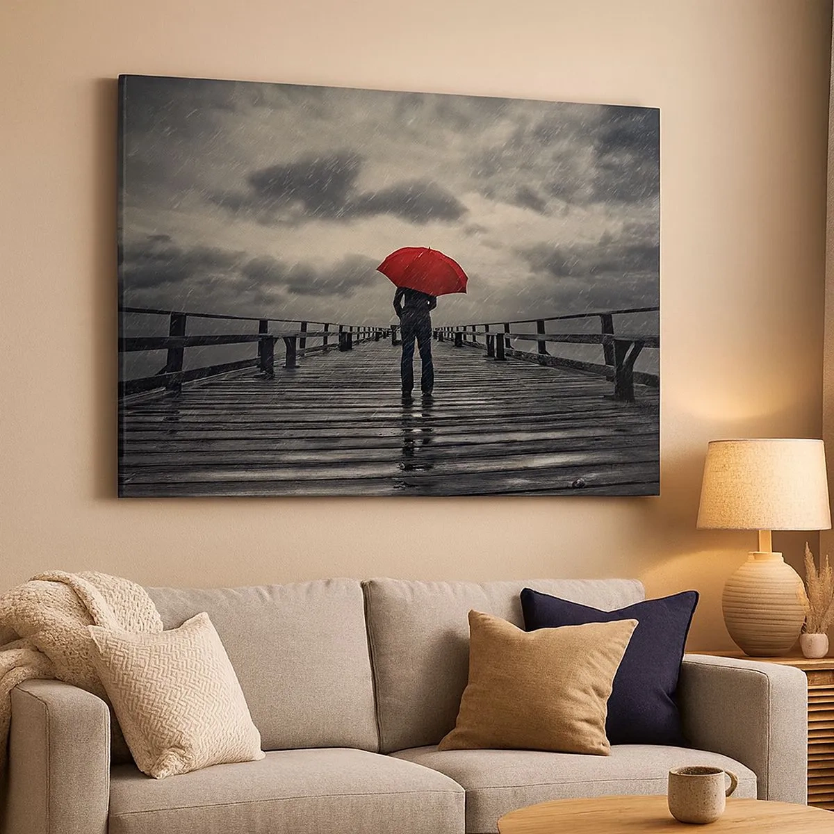 Quadro em tela - Uma pessoa com um guarda-chuva vermelho em um píer chuvoso - 70x50cm - Não faz mal que chova - Decoração de parede moderna para a sala de estar e quarto ARTTOR