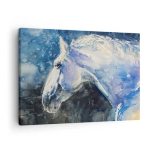 Quadro em tela - Um retrato de um cavalo em tons de azul com um efeito de aquarela pictórico. - 70x50cm - Retrato com um brilho azul - Decoração de parede moderna para a sala de estar e quarto ARTTOR