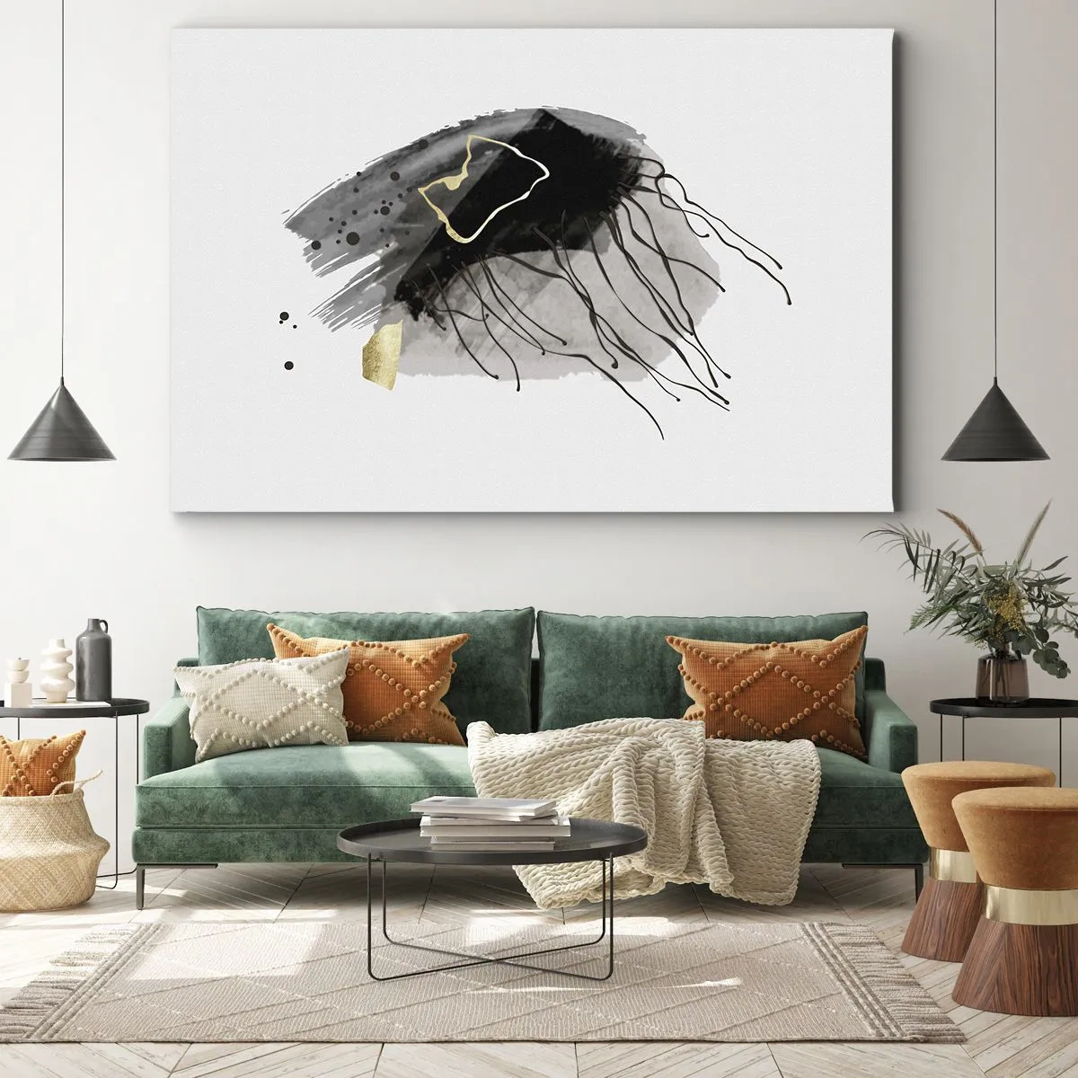 Quadro em tela - Uma composição abstrata com toques de preto e dourado. - 70x50cm - A preto e dourado - Decoração de parede moderna para a sala de estar e quarto ARTTOR