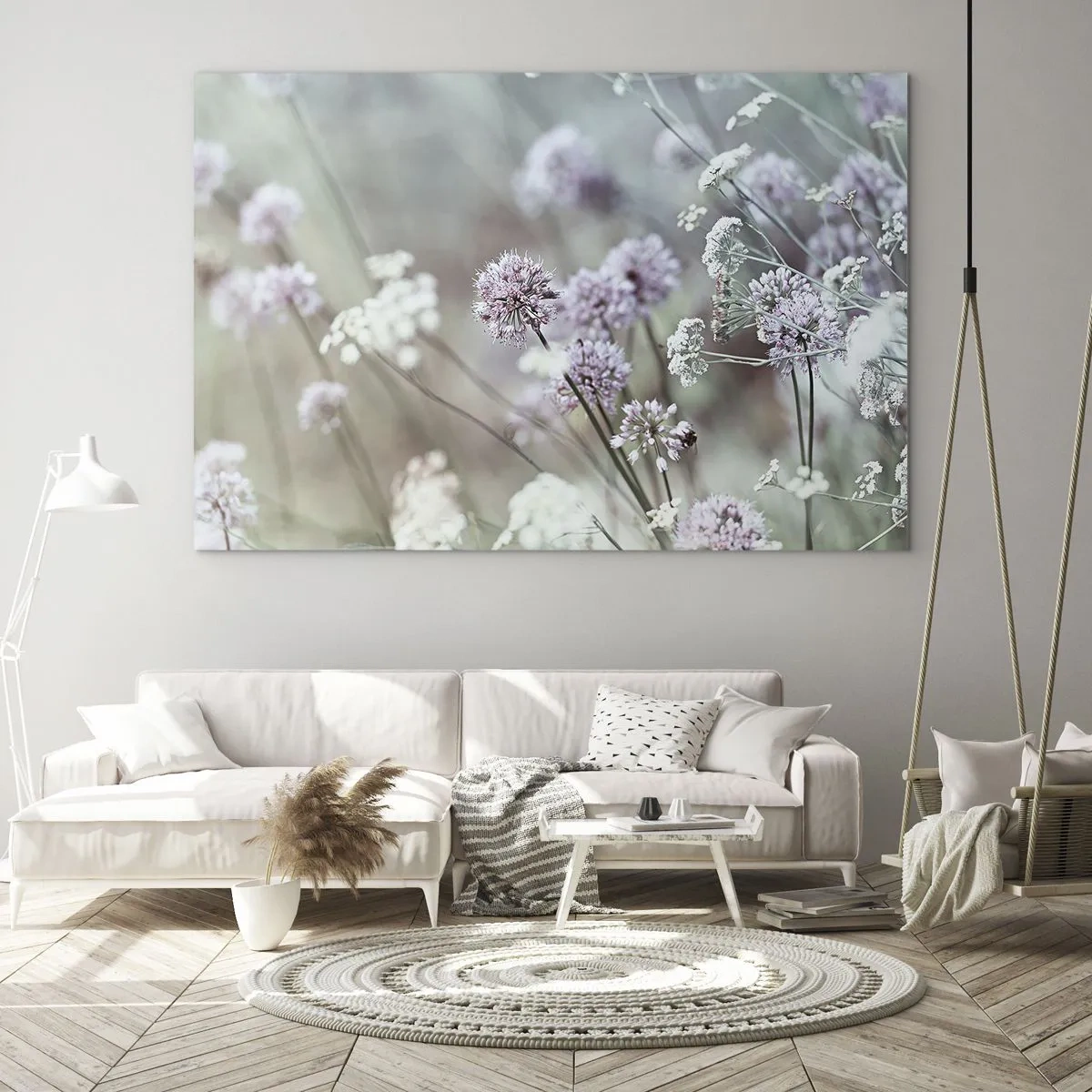 Quadro em vidro - Delicadas flores silvestres em tons pastéis - 70x50cm - Doce delicadeza das ervas - Decoração de parede moderna para a sala de estar e quarto ARTTOR