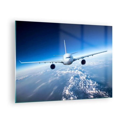 Quadro em vidro - Um avião de passageiros contra um céu azul e nuvens - 70x50cm - Vou porque quero - Decoração de parede moderna para a sala de estar e quarto ARTTOR