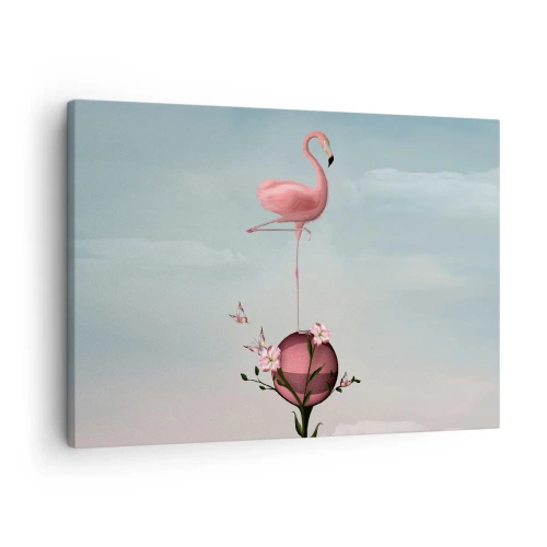 Quadro em tela - Um flamingo rosa equilibrado em uma bola de flores - 70x50cm - Alegoria do basquetebol - Decoração de parede moderna para a sala de estar e quarto ARTTOR