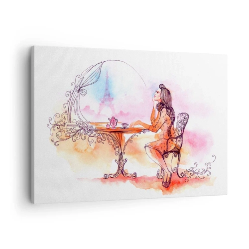 Quadro em tela - Aquarela romântica de uma mulher em um café com vista para uma torre - 70x50cm - Elegância parisiense - Decoração de parede moderna para a sala de estar e quarto ARTTOR