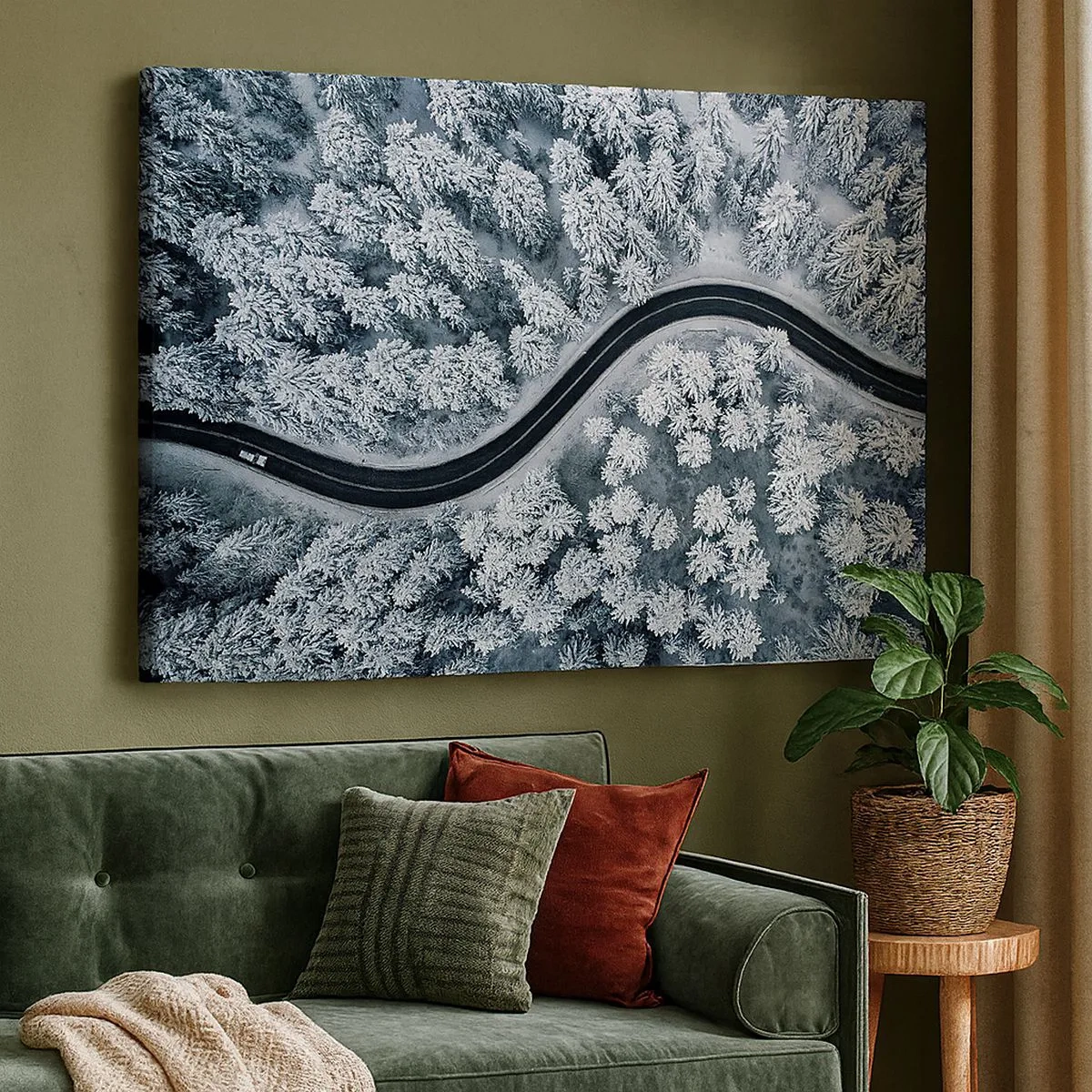 Quadro em tela - Uma vista aérea de uma estrada sinuosa em uma floresta de inverno - 70x50cm - Pelaa floresta no inverno - Decoração de parede moderna para a sala de estar e quarto ARTTOR