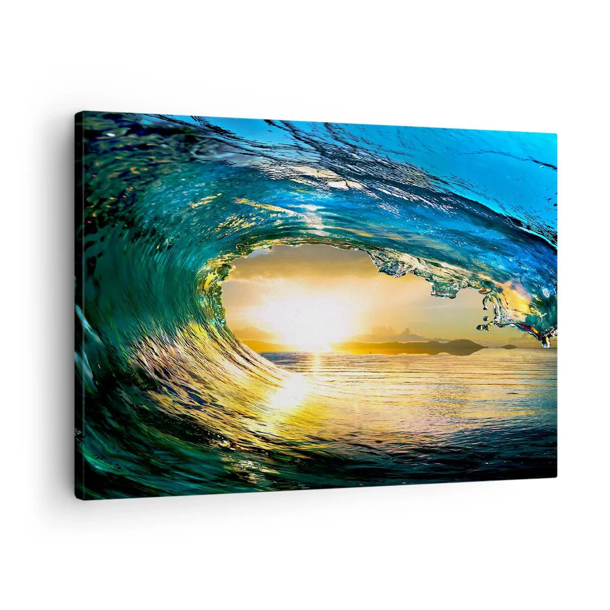 Quadro em tela - Onda do mar ao sol com vista para o horizonte - 70x50cm - Em cristal esmeralda dourado - Decoração de parede moderna para a sala de estar e quarto ARTTOR