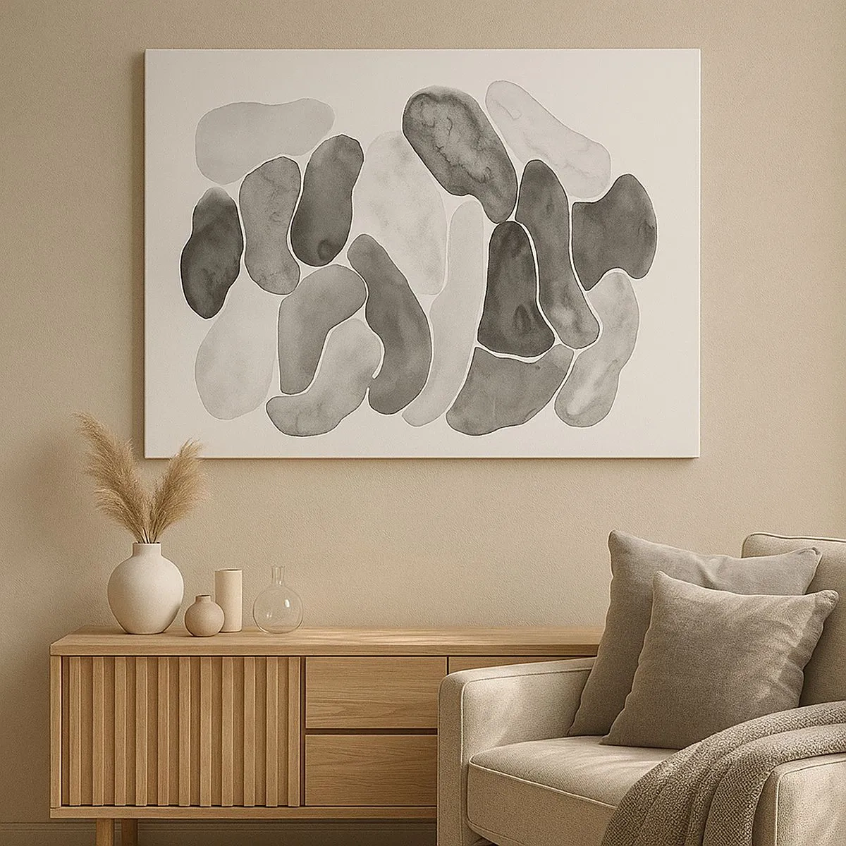 Quadro em tela - Abstração em preto e branco com manchas irregulares sobre fundo branco - 70x50cm - Abstração rochosa - Decoração de parede moderna para a sala de estar e quarto ARTTOR