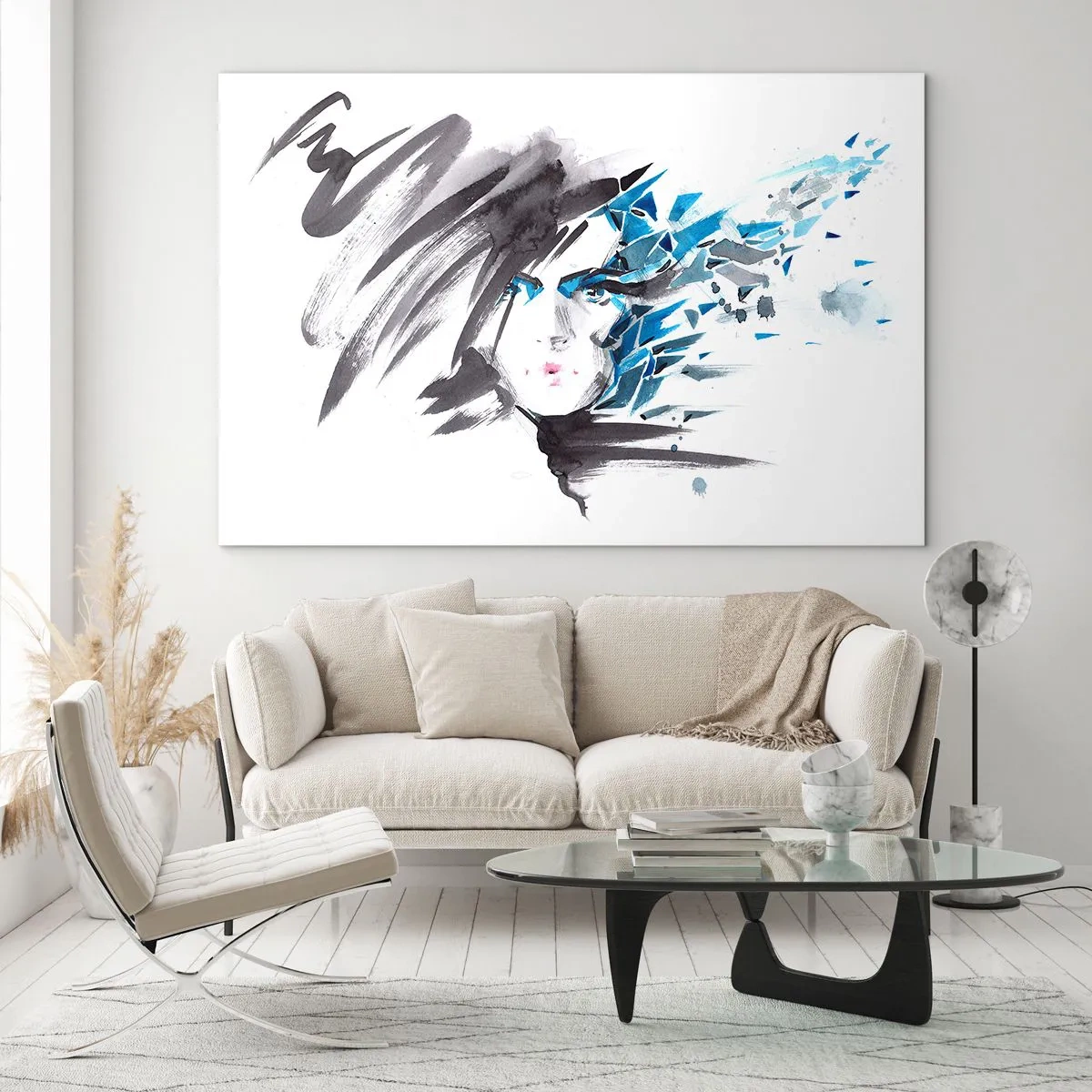 Quadro em vidro - Retrato de uma mulher com detalhes abstratos em azul - 70x50cm - Retrato sensual em cinza e azul - Decoração de parede moderna para a sala de estar e quarto ARTTOR
