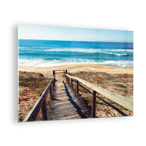 Quadro em vidro - Caminho de madeira que leva à praia com vista para o mar - 70x50cm - Corra! - Decoração de parede moderna para a sala de estar e quarto ARTTOR