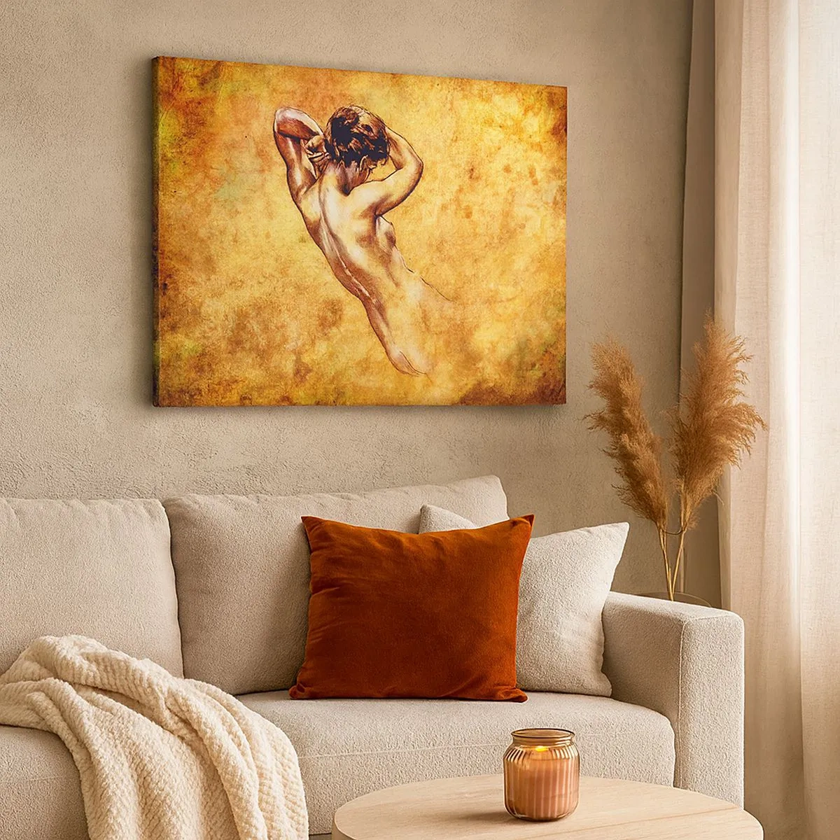 Quadro em tela - Nu artístico feminino sobre fundo dourado em estilo clássico - 70x50cm - Descoberta, mas ainda um mistério - Decoração de parede moderna para a sala de estar e quarto ARTTOR