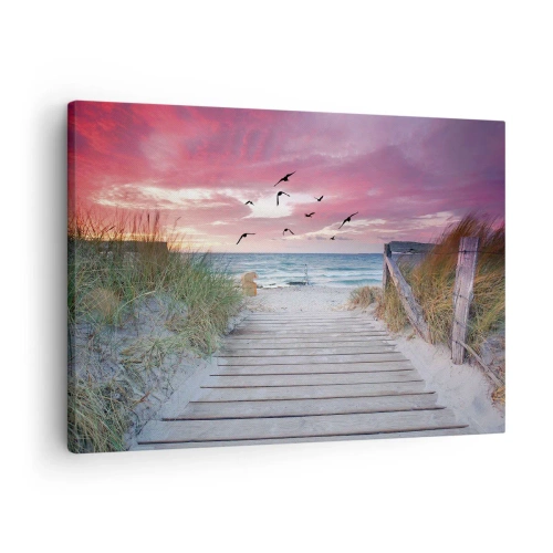 Quadro em tela - Caminho de madeira na praia ao pôr do sol rosa - 70x50cm - Impressão do Báltico - Decoração de parede moderna para a sala de estar e quarto ARTTOR