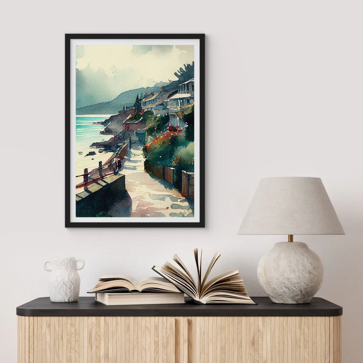 Pôster com moldura preta - Um caminho pitoresco à beira-mar em estilo aquarela - 50x70cm - Cidade mediterrânea - Decoração de parede moderna para a sala de estar e quarto ARTTOR