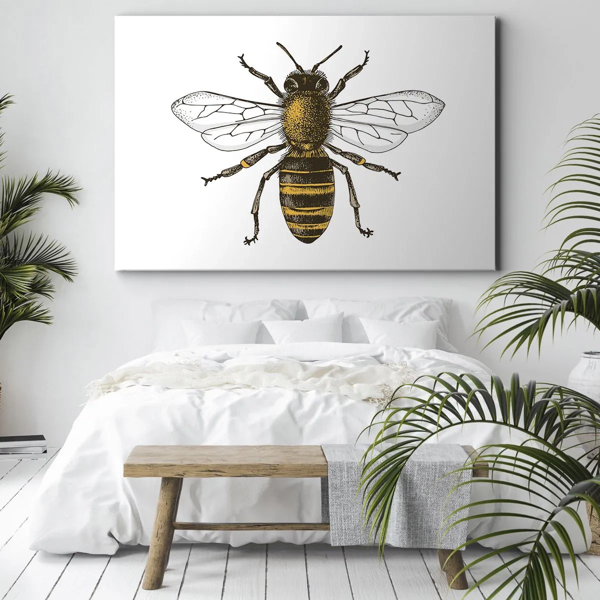 Quadro em tela - Ilustração detalhada de uma abelha em um fundo branco - 70x50cm - Linda e boa - Decoração de parede moderna para a sala de estar e quarto ARTTOR