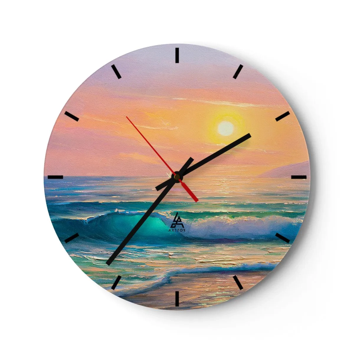Relógio de parede - Relógio em vidro - Um pôr do sol pitoresco sobre um oceano calmo - 30x30cm - O canto turquesa das ondas - Decoração de parede moderna para a sala de estar, cozinha e quarto ARTTOR