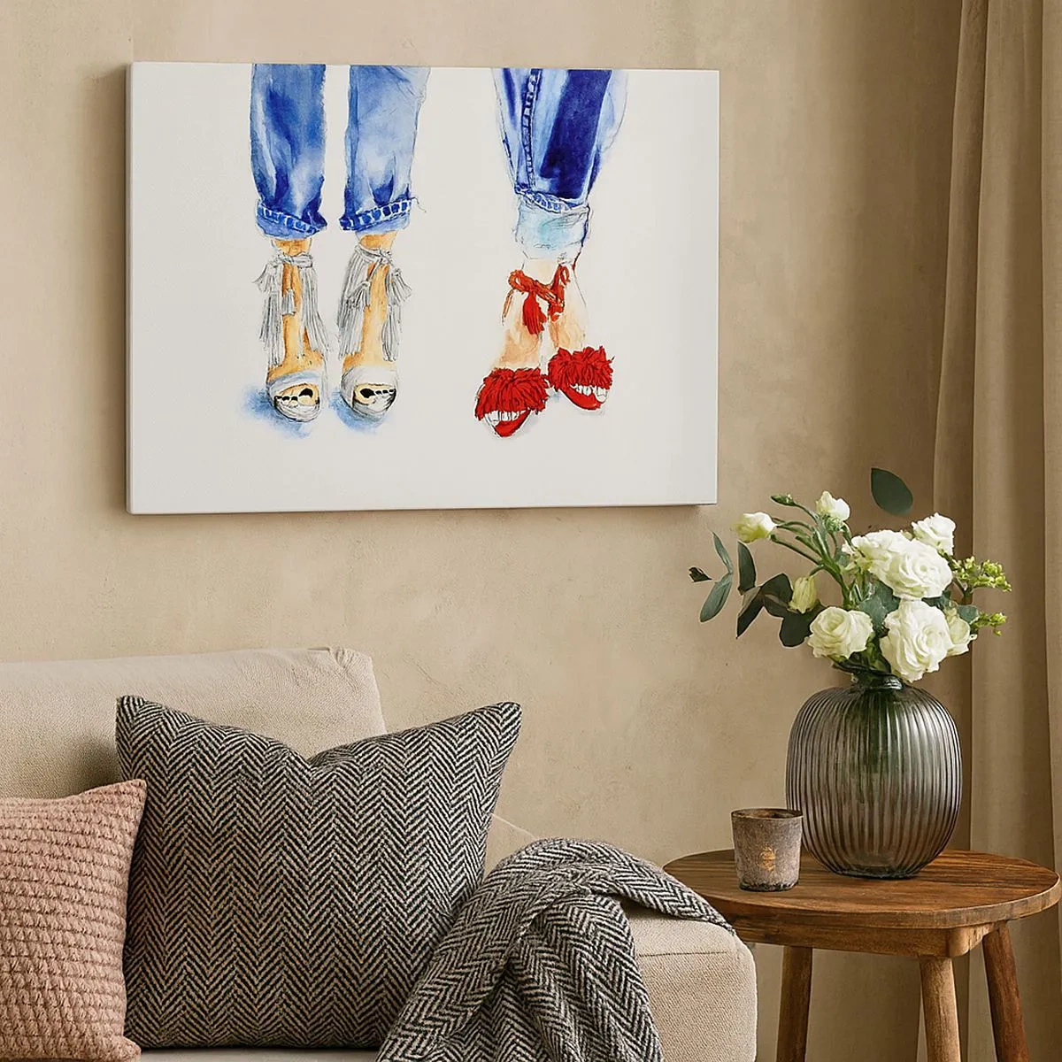 Quadro em tela - Ilustração de dois pares de sapatos em sandálias estilosas e jeans - 70x50cm - Por que não vamos passear? - Decoração de parede moderna para a sala de estar e quarto ARTTOR