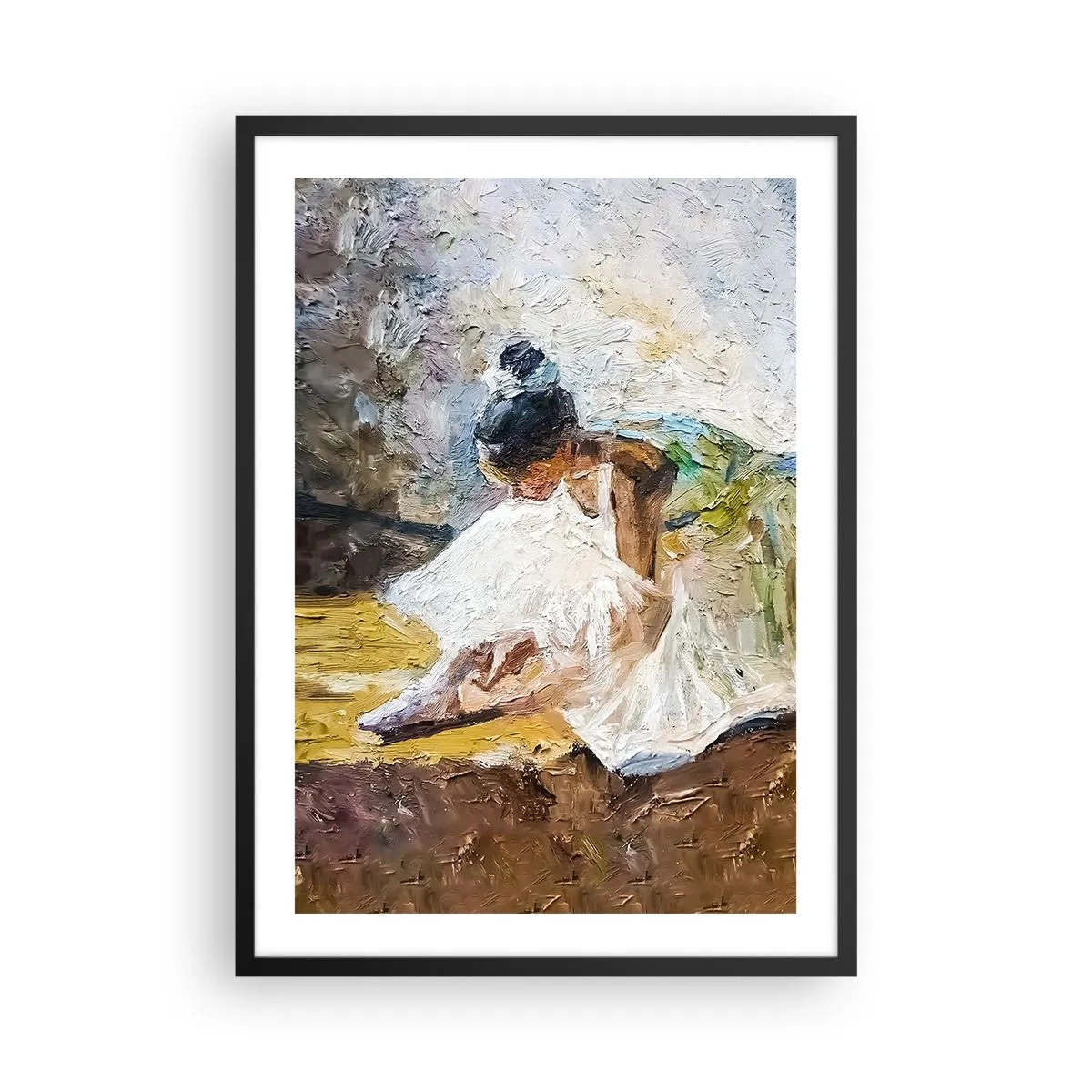 Pôster com moldura preta - Uma bailarina de vestido branco se inclina contra um cenário pictórico. - 50x70cm - Do quadro de Degas - Decoração de parede moderna para a sala de estar e quarto ARTTOR