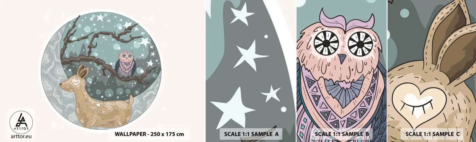 Amostra de Papel de Parede Standard Eco - Noite na floresta como em um conto de fadas - Para crianças, Gráficos, Estrelas - 100x30 cm