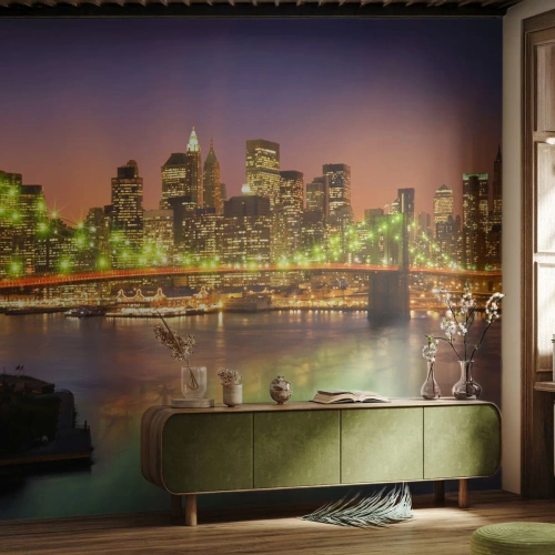 Papel de Parede Autocolante Deluxe Sticker - Aqui a luz nunca se apaga - Cidade, Nova Iorque, Ponte do Brooklyn - 400x280 cm
