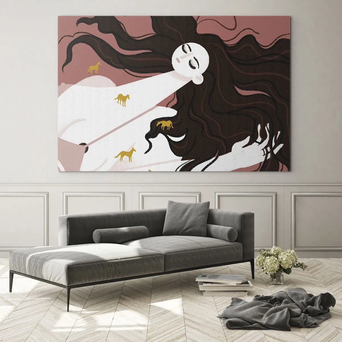 Quadro em vidro - Uma mulher com cabelos longos e cavalos dourados em um fundo rosa. - 70x50cm - Sonho com um cavalo dourado - Decoração de parede moderna para a sala de estar e quarto ARTTOR
