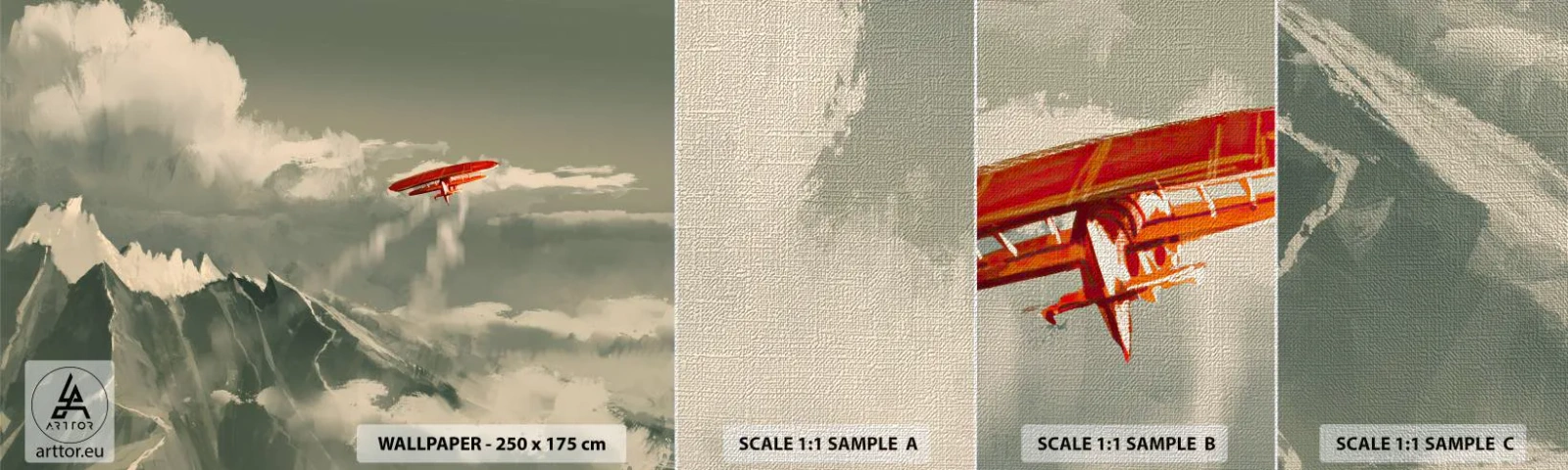 Amostra de papel de parede Premium Canvas - O pioneiro destemido - Abstração, Avião, Paisagem montanhosa - 100x30 cm