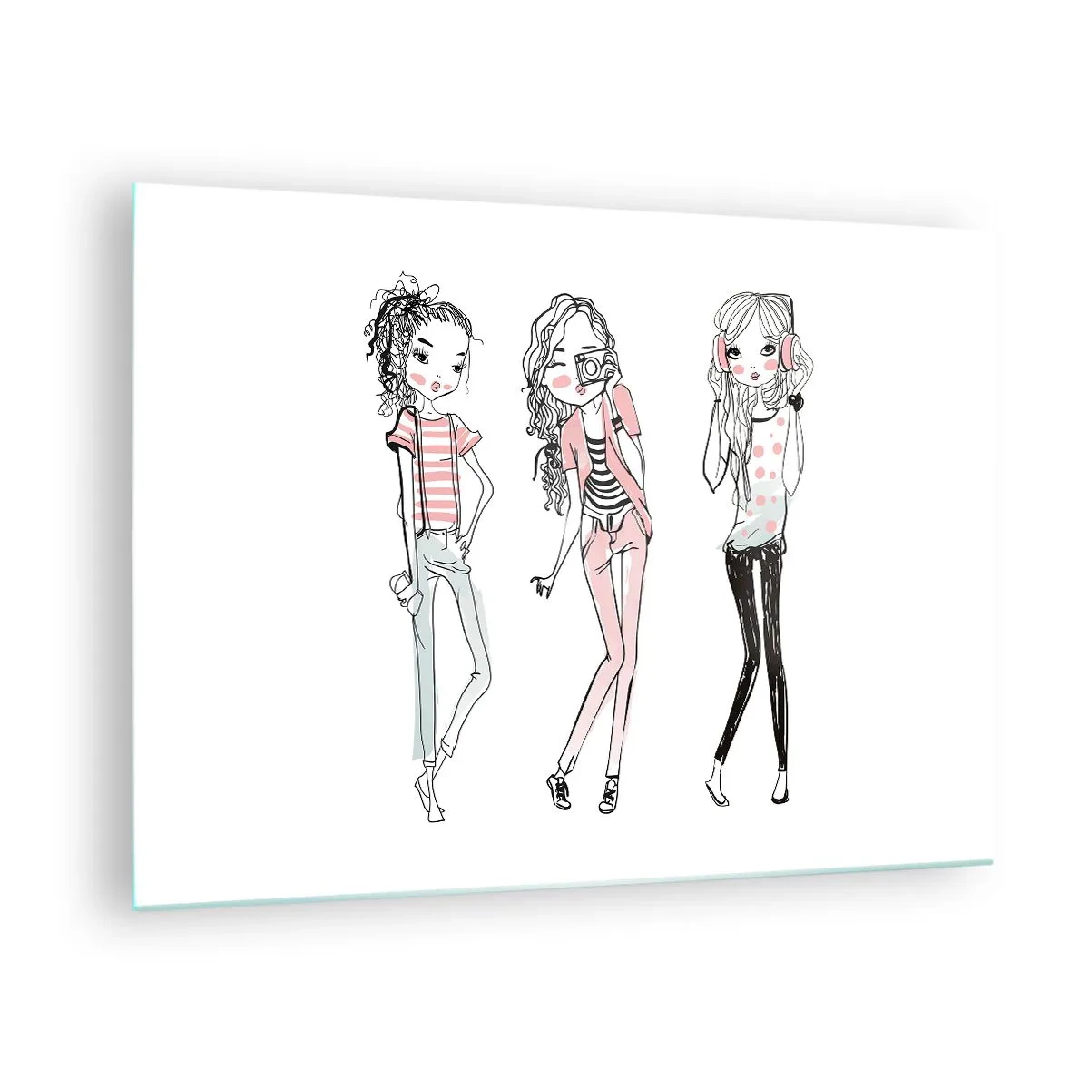 Quadro em vidro - Três garotas estilosas em cores pastel - 70x50cm - Vai ser divertido - Decoração de parede moderna para a sala de estar e quarto ARTTOR