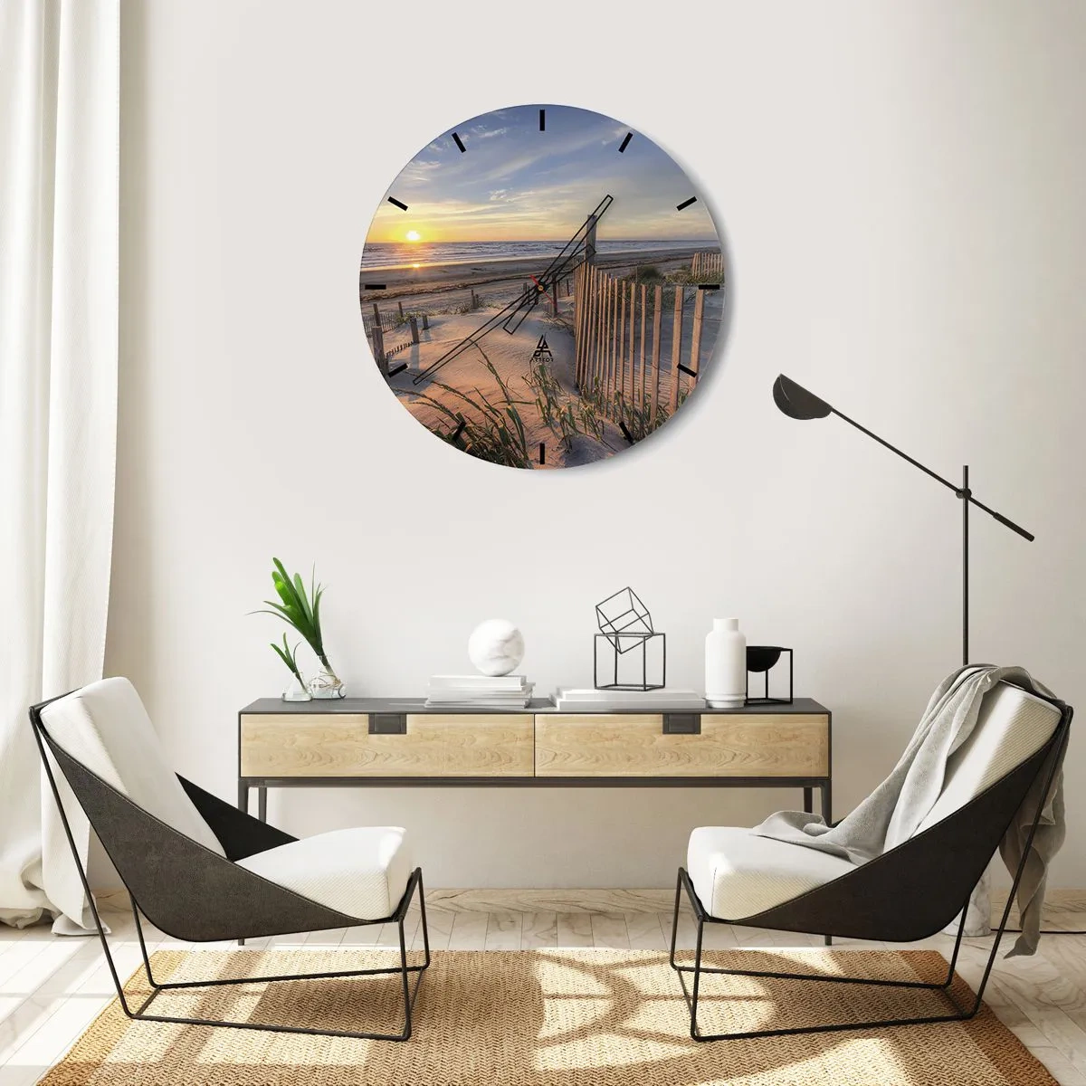 Relógio de parede - Relógio em vidro - Praia com dunas ao pôr do sol - 30x30cm - Brilho e sombra do vento - Decoração de parede moderna para a sala de estar, cozinha e quarto ARTTOR