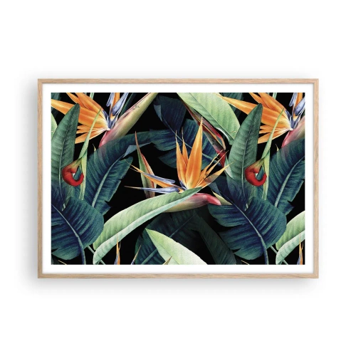 Pôster com moldura de carvalho claro - Flores ardentes dos trópicos - 100x70 cm