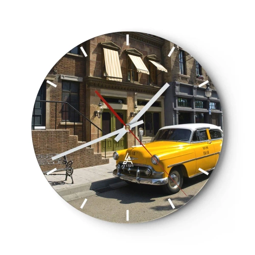 Relógio de parede - Relógio em vidro - Um táxi amarelo em frente a um edifício elegante - 30x30cm - Era uma vez na América - Decoração de parede moderna para a sala de estar, cozinha e quarto ARTTOR