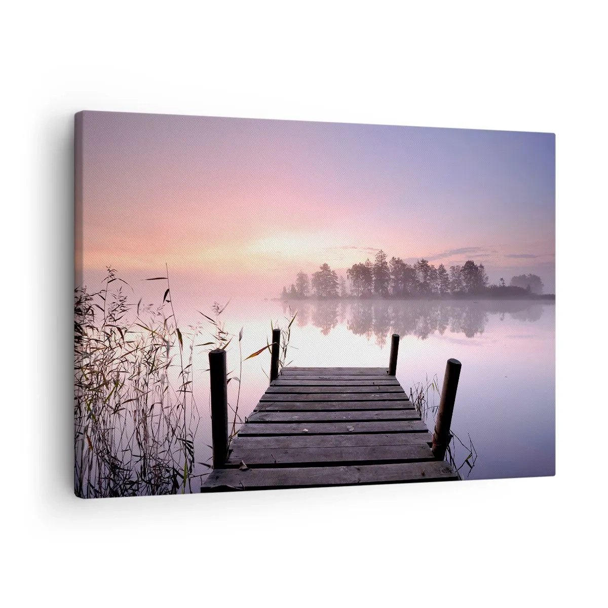 Quadro em tela - Um cais à beira do lago ao amanhecer com neblina e um céu pastel - 70x50cm - Da névoa lilás... - Decoração de parede moderna para a sala de estar e quarto ARTTOR