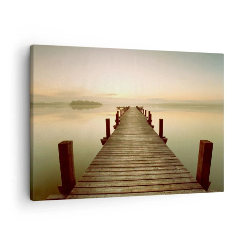 Quadro em tela - Um cais de madeira em um lago calmo pela manhã - 70x50cm - Antes do amanhecer, nascer do sol, luz - Decoração de parede moderna para a sala de estar e quarto ARTTOR