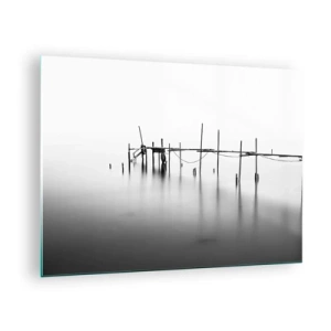 Quadro em vidro - Um cais preto e branco em uma superfície calma de água - 70x50cm - E se o mundo não existe? - Decoração de parede moderna para a sala de estar e quarto ARTTOR