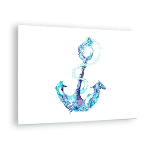 Quadro em vidro - Âncora com motivos náuticos em estilo artístico - 70x50cm - Guardião dos segredos do mar - Decoração de parede moderna para a sala de estar e quarto ARTTOR
