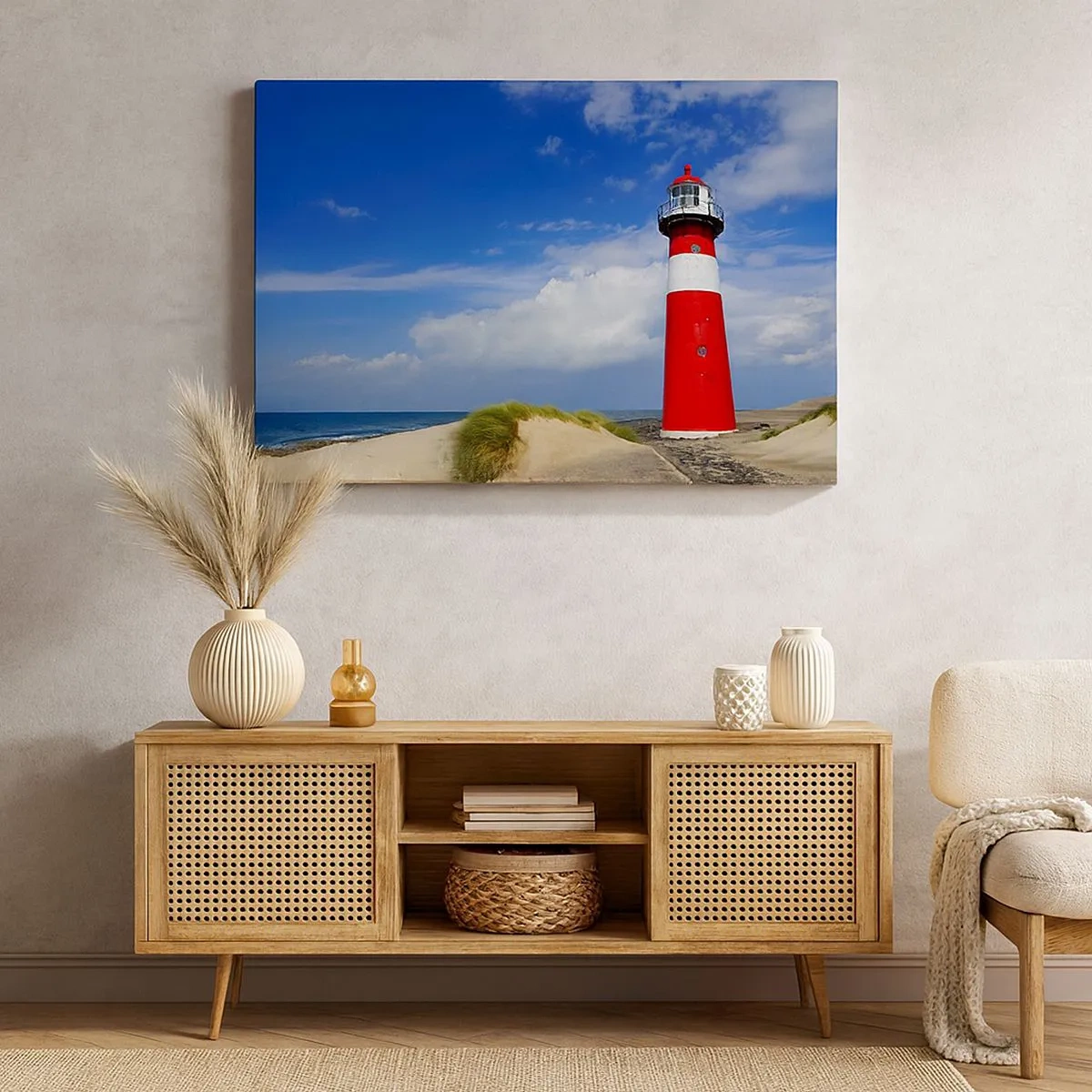 Quadro em tela - Farol vermelho na praia sob um céu azul - 70x50cm - Solidão dos sonhos - Decoração de parede moderna para a sala de estar e quarto ARTTOR