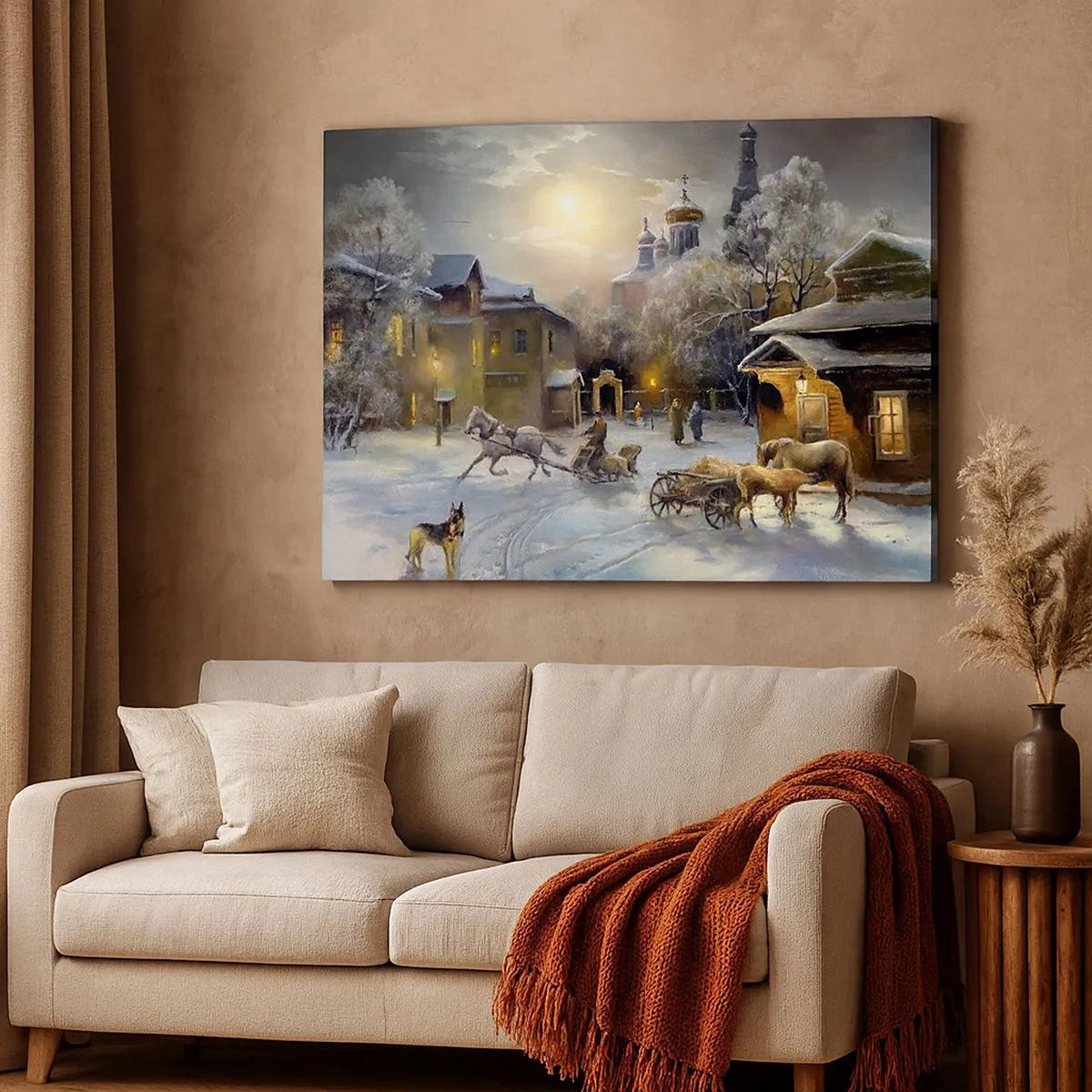 Quadro em tela - Paisagem de inverno em uma cidade russa com um trenó e uma igreja - 70x50cm - A magia do inverno russo - Decoração de parede moderna para a sala de estar e quarto ARTTOR