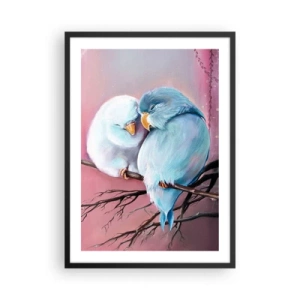 Pôster com moldura preta - Dois pássaros pousados em um galho em um ambiente romântico - 50x70cm - O que acrescentar aqui?... - Decoração de parede moderna para a sala de estar e quarto ARTTOR