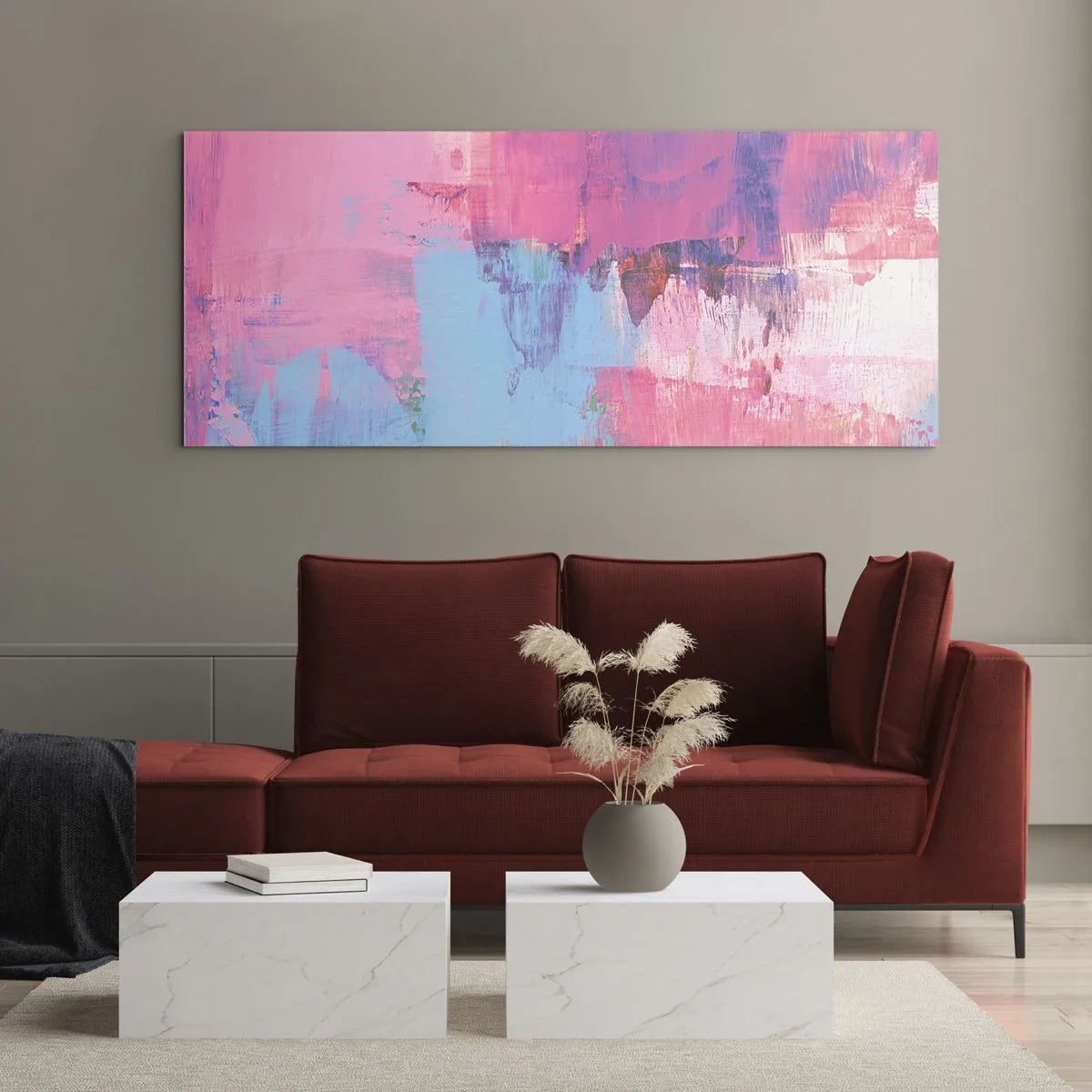 Quadro em vidro - Rosa, azul e uma pitada de luz - 90x30 cm