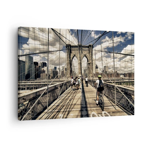 Quadro em tela - Ponte do Brooklyn com vista para pedestres e ciclistas - 70x50cm - Direto para o coração da cidade - Decoração de parede moderna para a sala de estar e quarto ARTTOR