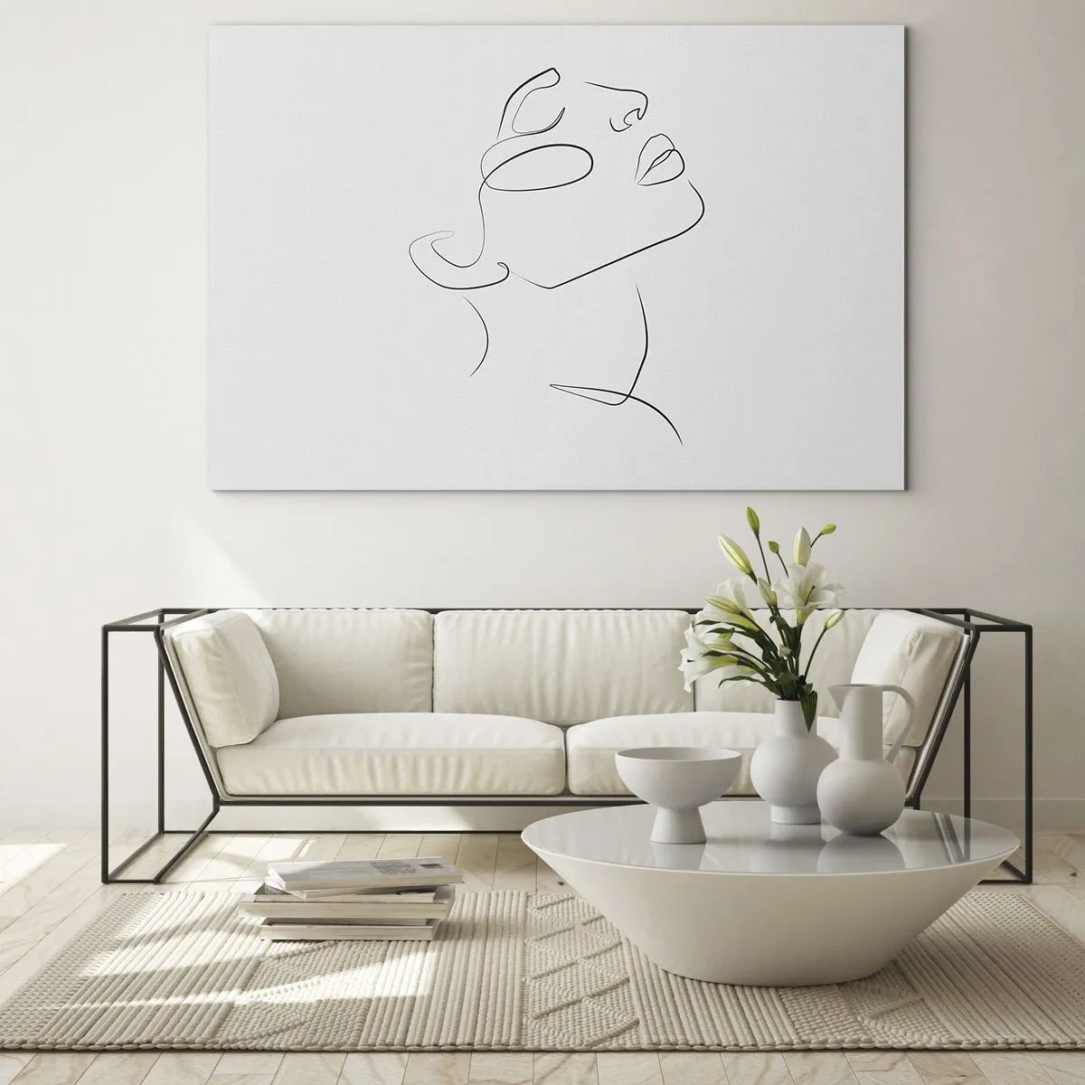 Quadro em vidro - Esboço de contorno do rosto de uma mulher voltado para cima - 70x50cm - Os meandros dos sonhos - Decoração de parede moderna para a sala de estar e quarto ARTTOR