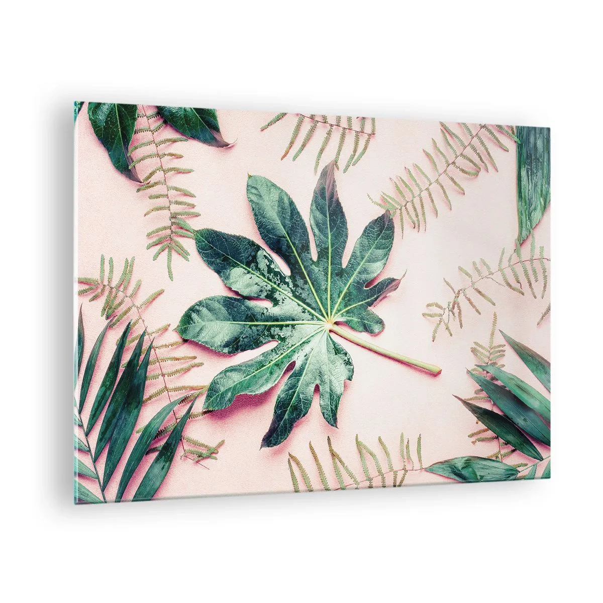 Quadro em vidro - Folhas tropicais em fundo pastel - 70x50cm - Estudo do verde em um fundo rosa - Decoração de parede moderna para a sala de estar e quarto ARTTOR