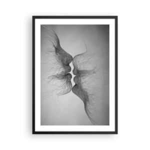 Pôster com moldura preta - Rostos abstratos no ato do beijo, preto e branco - 50x70cm - O beijo do vento - Decoração de parede moderna para a sala de estar e quarto ARTTOR