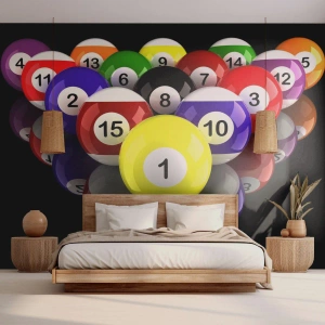 Papel de Parede Standard Eco - Bolas de bilhar coloridas em um fundo preto com reflexo - 100x70cm - As diferentes cores do jogo - Decoração de parede moderna para a sala de estar e quarto ARTTOR