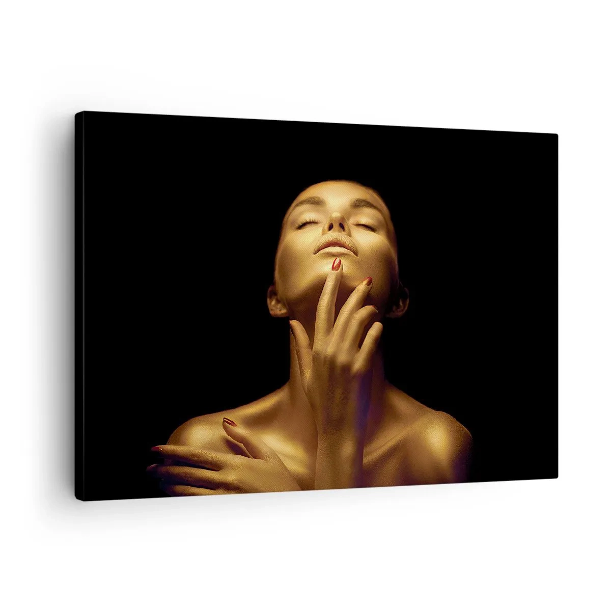 Quadro em tela - Retrato de uma mulher com um brilho dourado sobre um fundo preto - 70x50cm - Como seda dourada - Decoração de parede moderna para a sala de estar e quarto ARTTOR