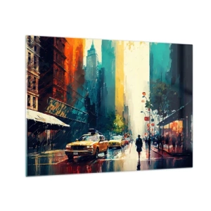 Quadro em vidro - Táxis coloridos e arranha-céus em uma rua molhada da cidade - 70x50cm - Nova York – até a chuva é colorida aqui - Decoração de parede moderna para a sala de estar e quarto ARTTOR