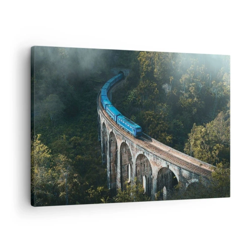 Quadro em tela - Um trem azul em um viaduto histórico entre as florestas - 70x50cm - Comboio para a natureza - Decoração de parede moderna para a sala de estar e quarto ARTTOR