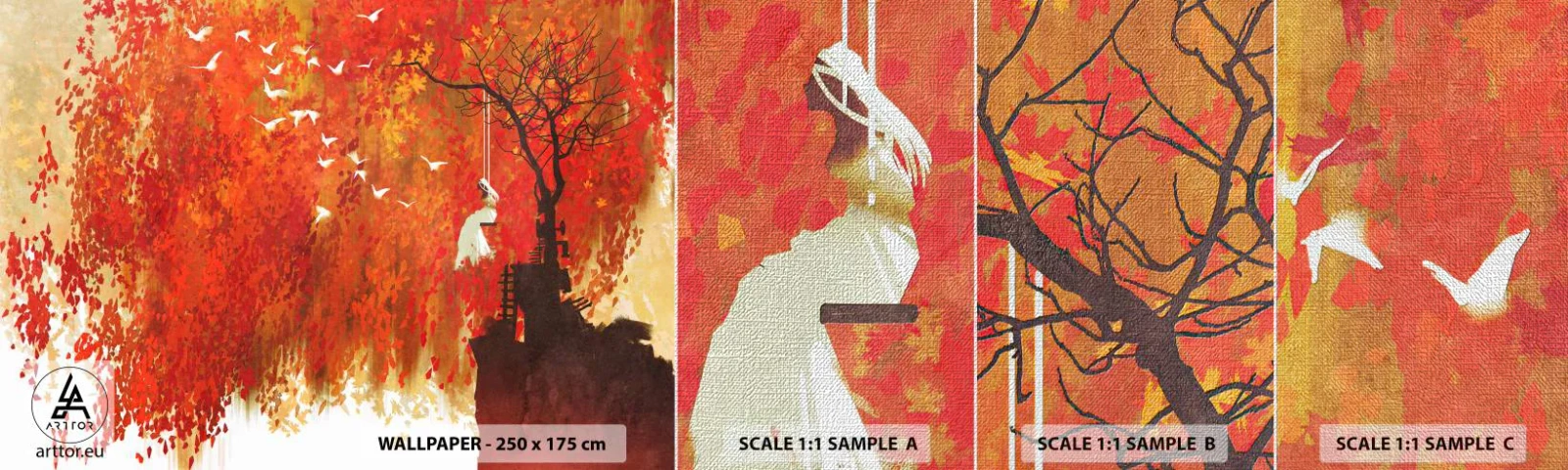 Amostra de papel de parede Premium Canvas - Será que vai voar com eles? - Abstração, Mulher, Pássaros - 100x30 cm