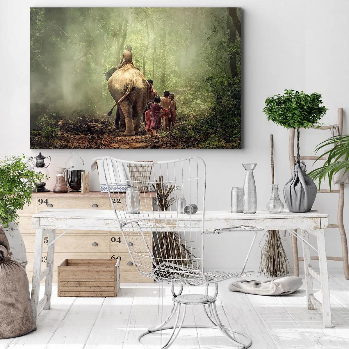 Quadro em tela - Crianças com um elefante em uma floresta verde na luz da manhã - 70x50cm - Novo Livro da Selva - Decoração de parede moderna para a sala de estar e quarto ARTTOR