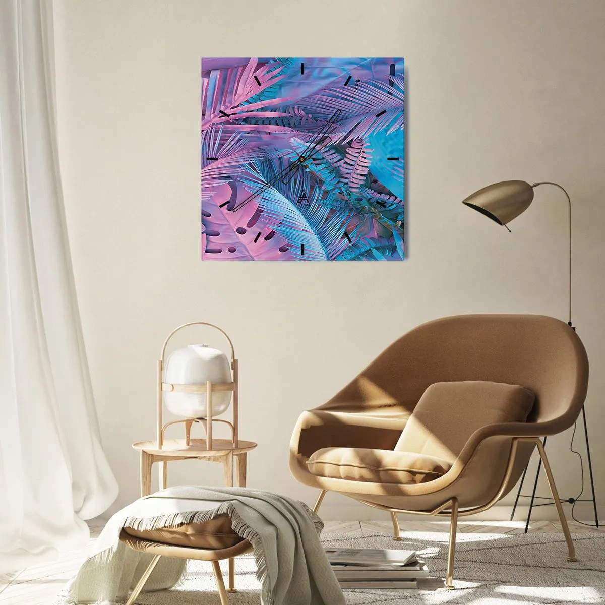 Relógio de parede - Relógio em vidro - Trópicos em rosa e azul - 30x30 cm