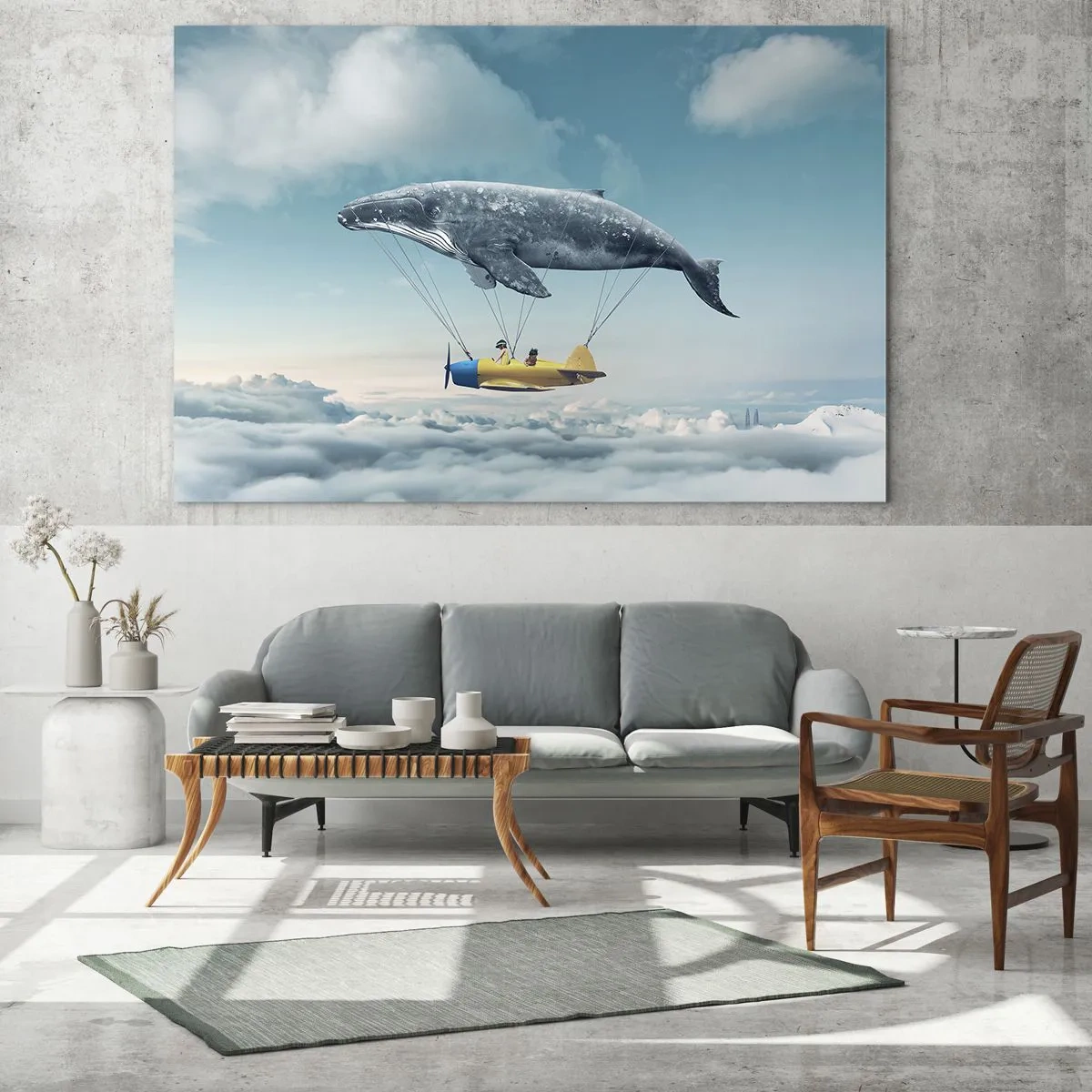 Quadro em vidro - Uma baleia levanta um avião acima das nuvens em um cenário surreal. - 70x50cm - Por que não? - Decoração de parede moderna para a sala de estar e quarto ARTTOR
