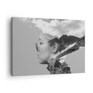 Quadro em tela - Uma composição em preto e branco com uma silhueta de mulher e uma paisagem montanhosa. - 70x50cm - Retrato das montanhas e da nuvem - Decoração de parede moderna para a sala de estar e quarto ARTTOR