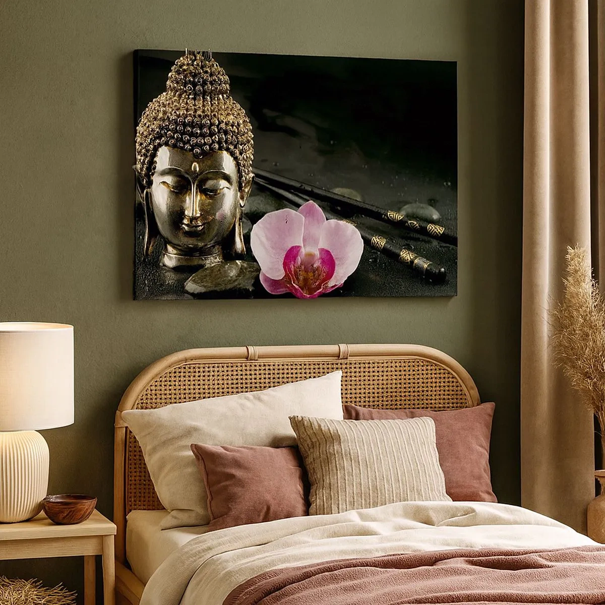 Quadro em tela - Uma estatueta de Buda com uma orquídea e pauzinhos em um fundo de pedras - 70x50cm - Harmonia entre sabedoria e beleza - Decoração de parede moderna para a sala de estar e quarto ARTTOR